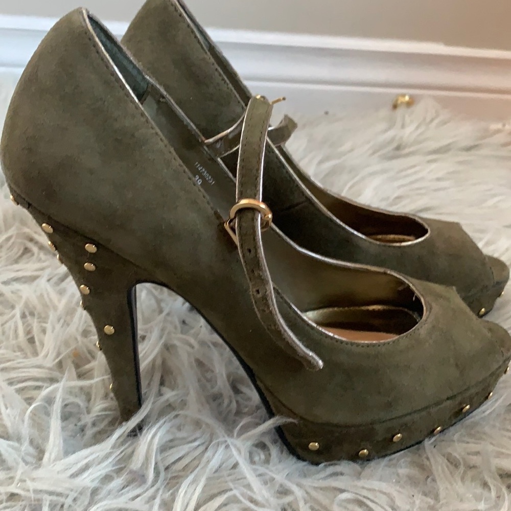 David Dixon Town Shoes Peep Toe Olive Green Shoes with Gold Stud Detail